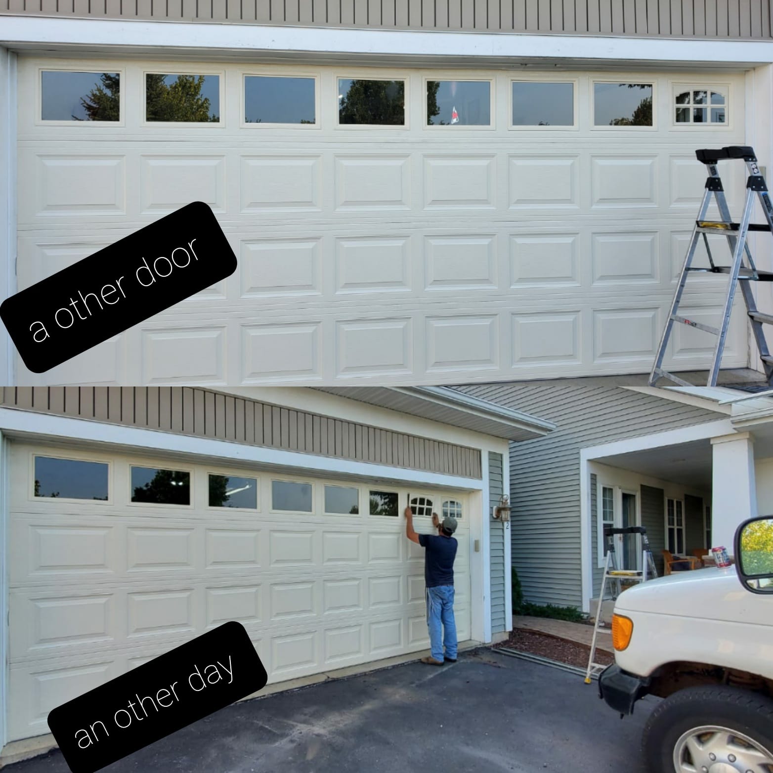 David Tuito working on garage door installation before and after Minnesota